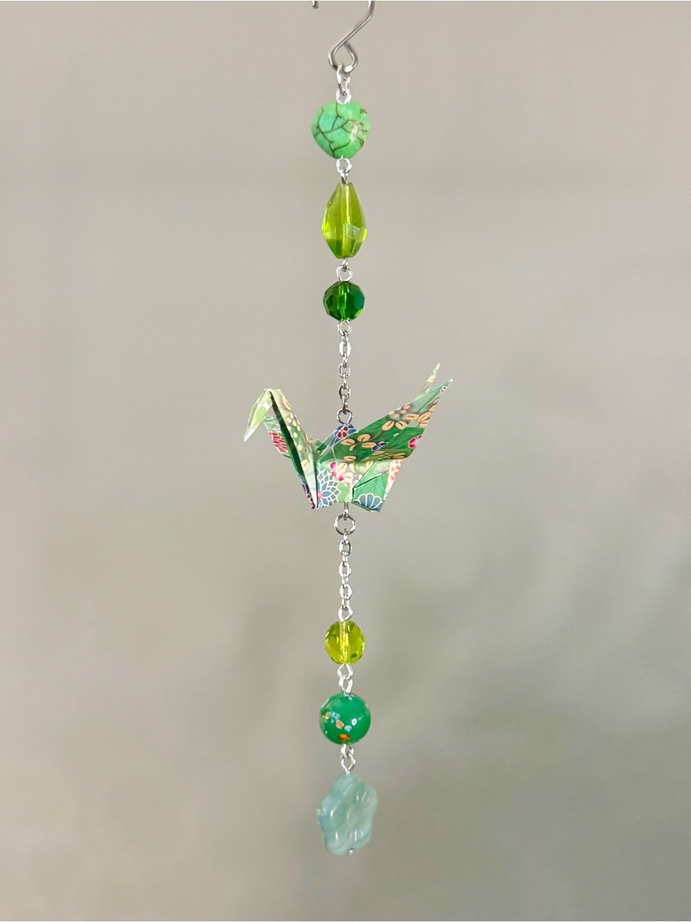 Origami Ornament #2537 - Small Crane with Glass and Stone Beads